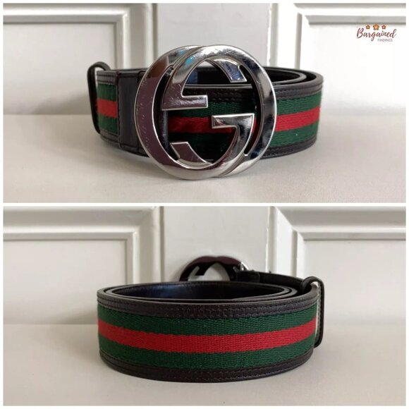 Authentic Gucci Web Green/Red Canvas Silver Interlocking G Buckle Belt 85/34 - Picture 3 of 12